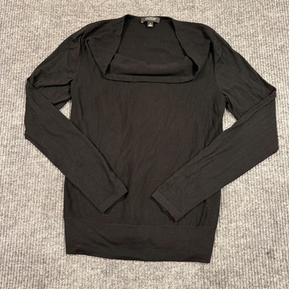 Merino Wool‎ Ann Taylor Sweater Medium Black Cowl Neck Knit Pullover Top Capsule